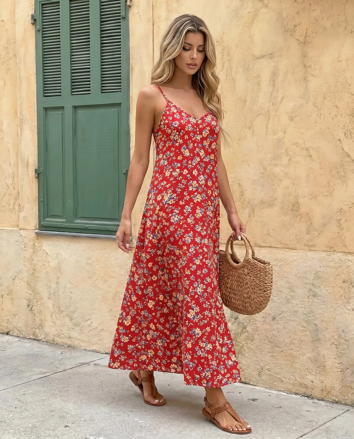 SOLACE  Red Floral Print V-Neck Spaghetti Strap Maxi Dress 