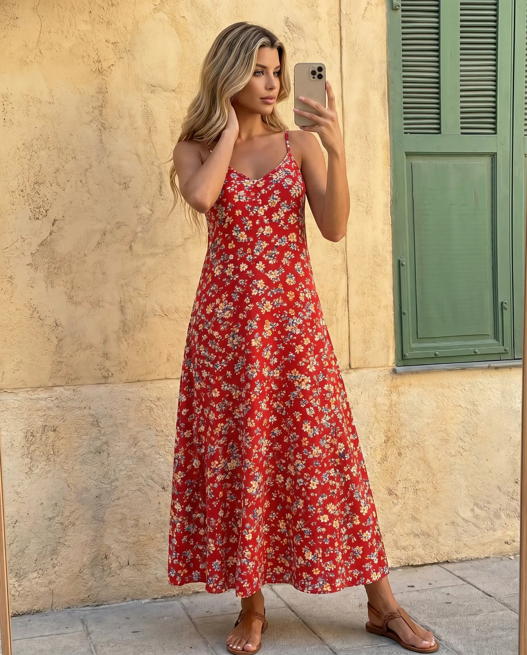 SOLACE  Red Floral Print V-Neck Spaghetti Strap Maxi Dress 