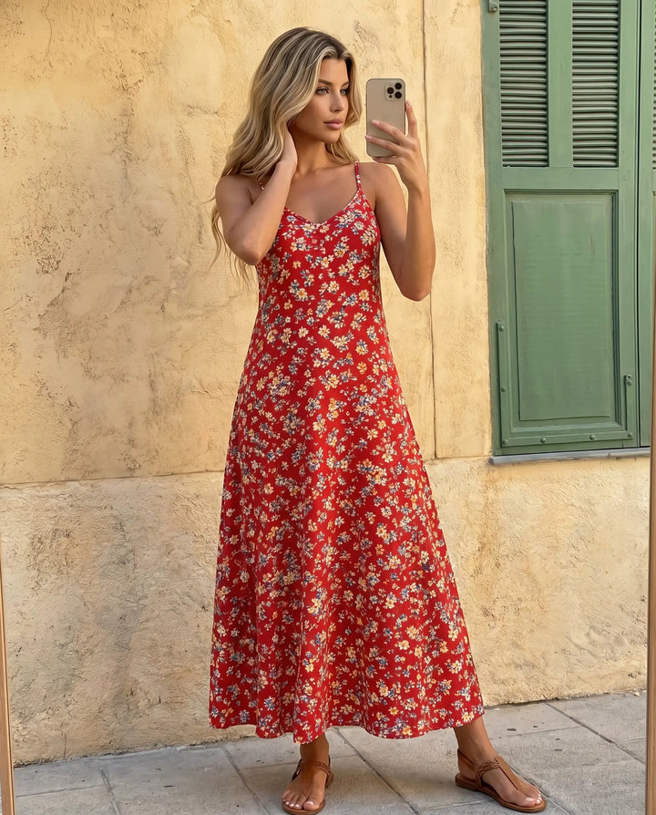 SOLACE  Red Floral Print V-Neck Spaghetti Strap Maxi Dress 