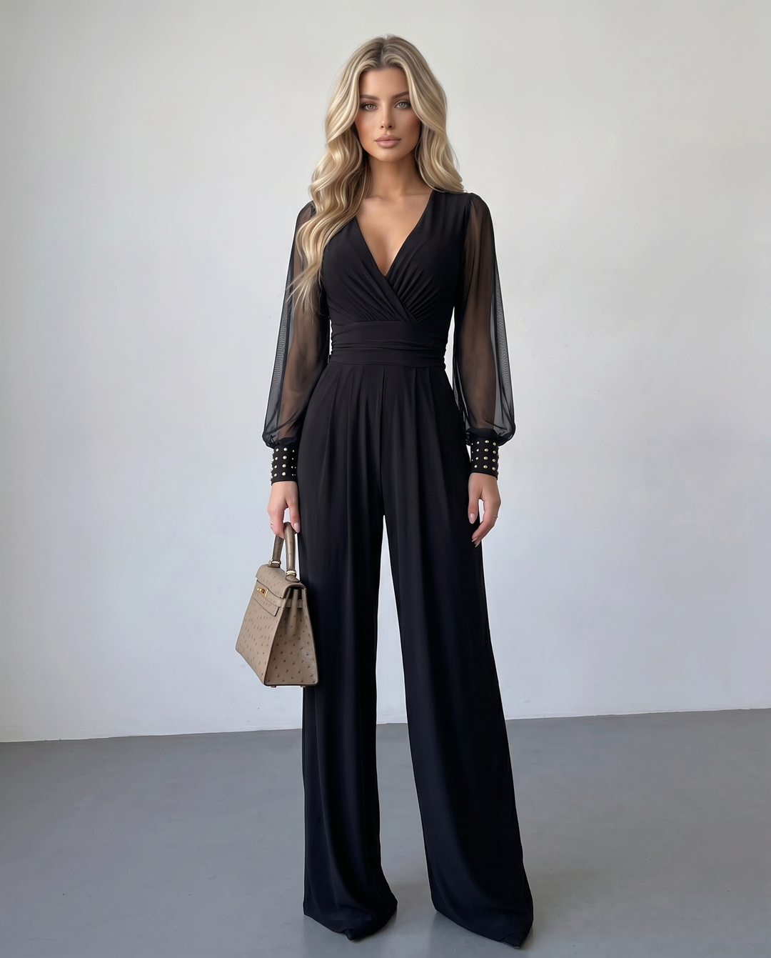 SOLACE  Black Sheer Mesh Sleeve Studded Cuff Slim Fit Long Jumpsuit 
