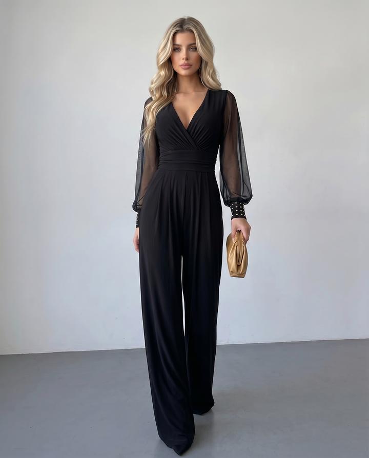 SOLACE  Black Sheer Mesh Sleeve Studded Cuff Slim Fit Long Jumpsuit 