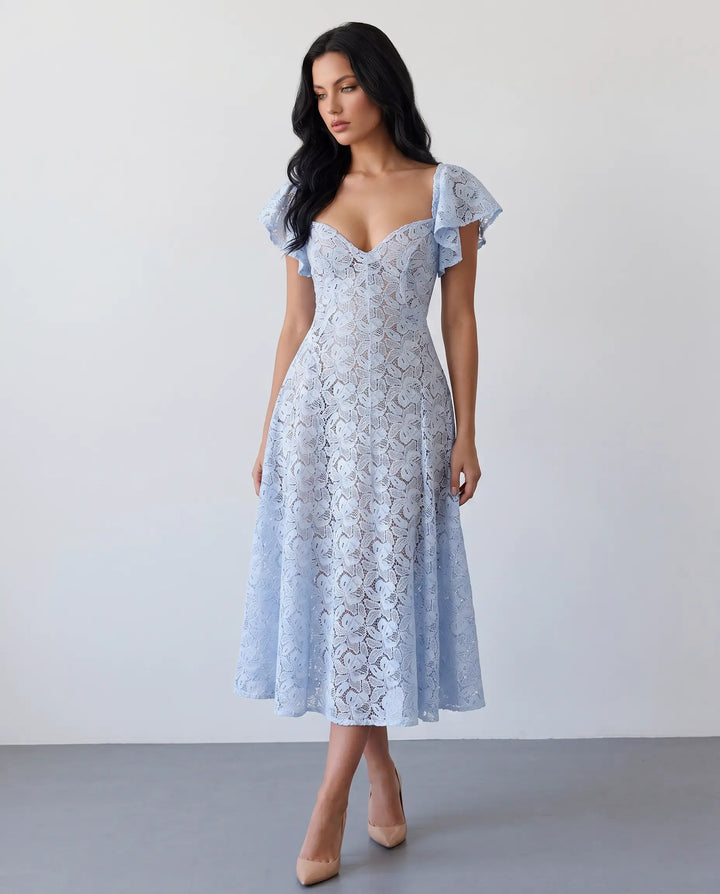 SOLACE  Sky Blue Floral Lace Fitted Waist Midi Dress 