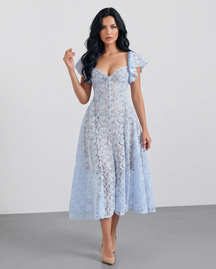 SOLACE  Sky Blue Floral Lace Fitted Waist Midi Dress 