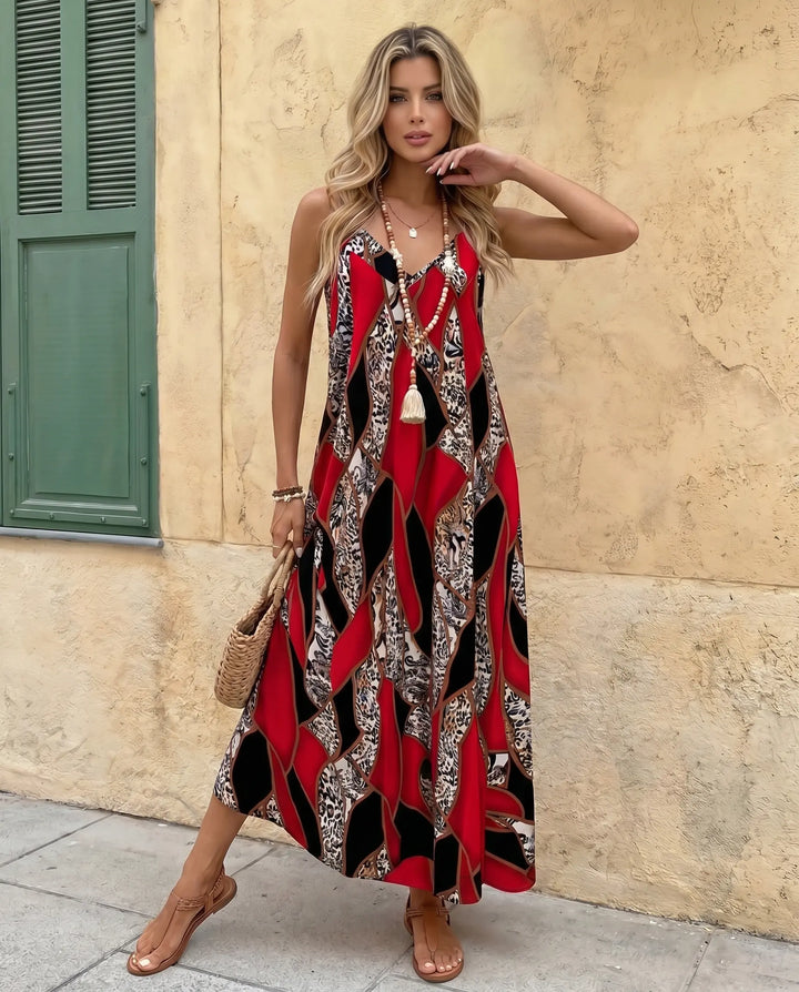 SOLACE  Leopard Print V Neck Spaghetti Strap Maxi Dress 