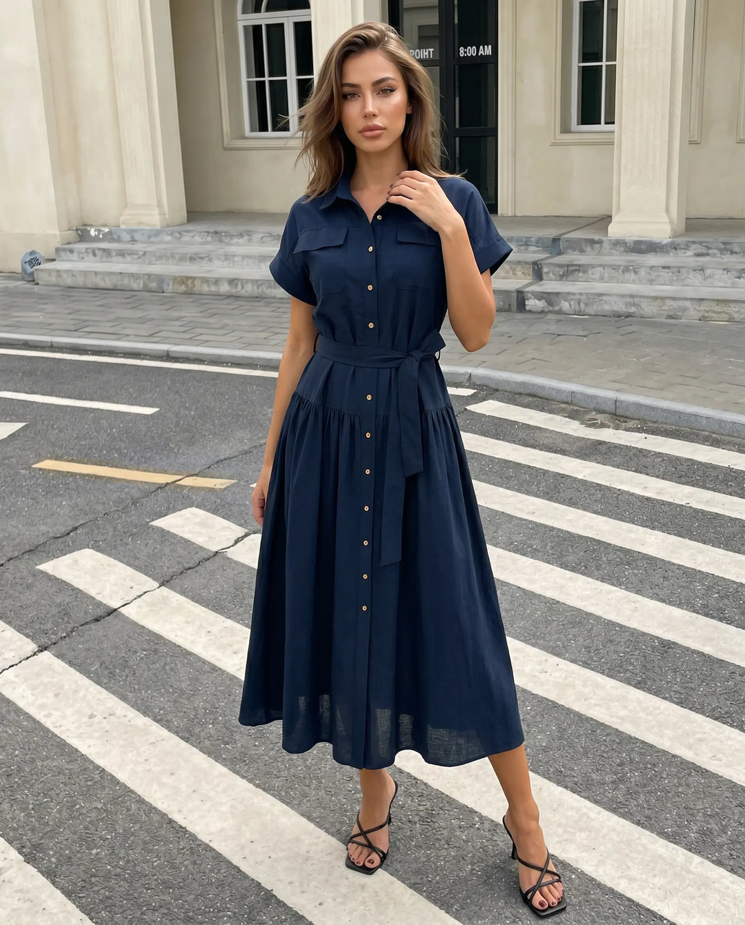 SOLACE  Navy Blue Belted Linen Blend Midi Shirt Dress 