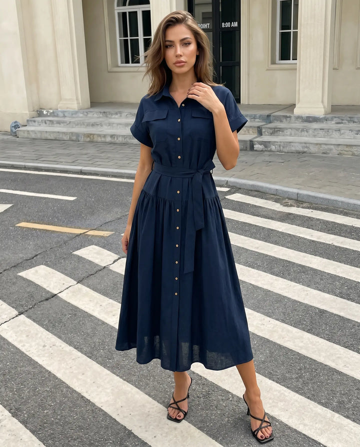 SOLACE  Navy Blue Belted Linen Blend Midi Shirt Dress 