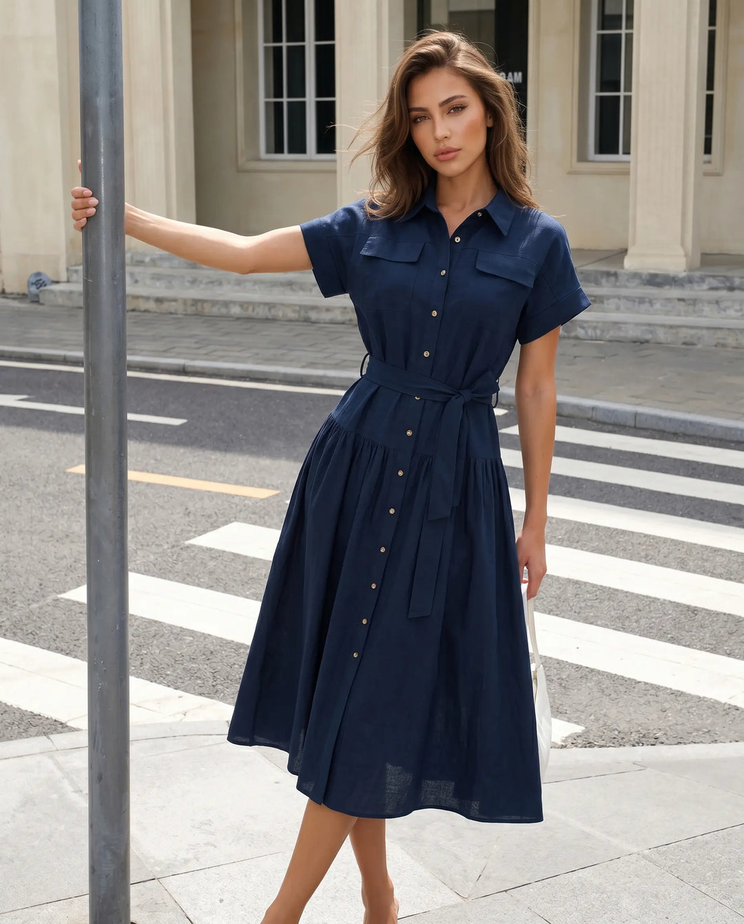 SOLACE  Navy Blue Belted Linen Blend Midi Shirt Dress 