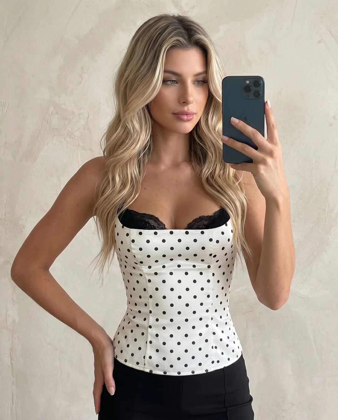 SOLACE  White Polka Dot Corset Black Lace Trim Cami Top 