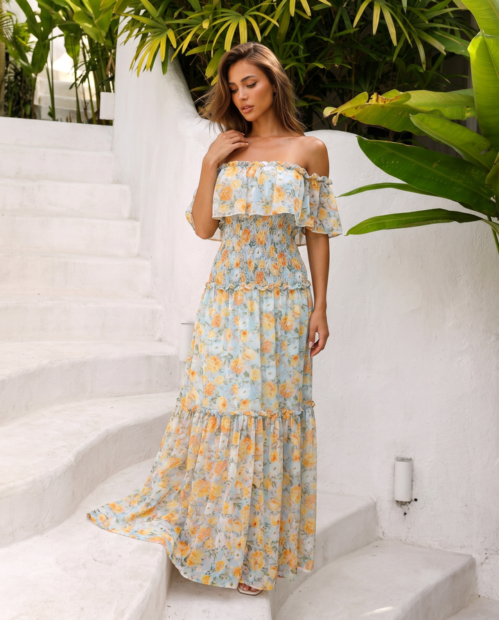 Yellow Floral Off Shoulder Smocked Tiered Chiffon Maxi Dress