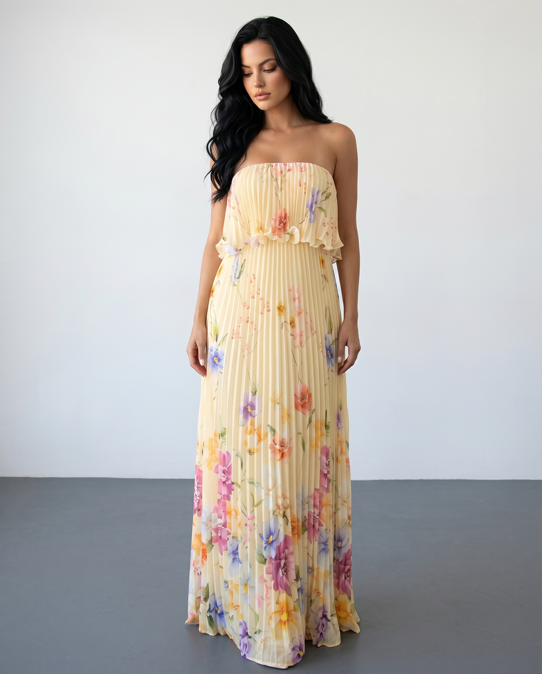 SOLACE  Yellow Floral Print Pleated Strapless Maxi Dress 