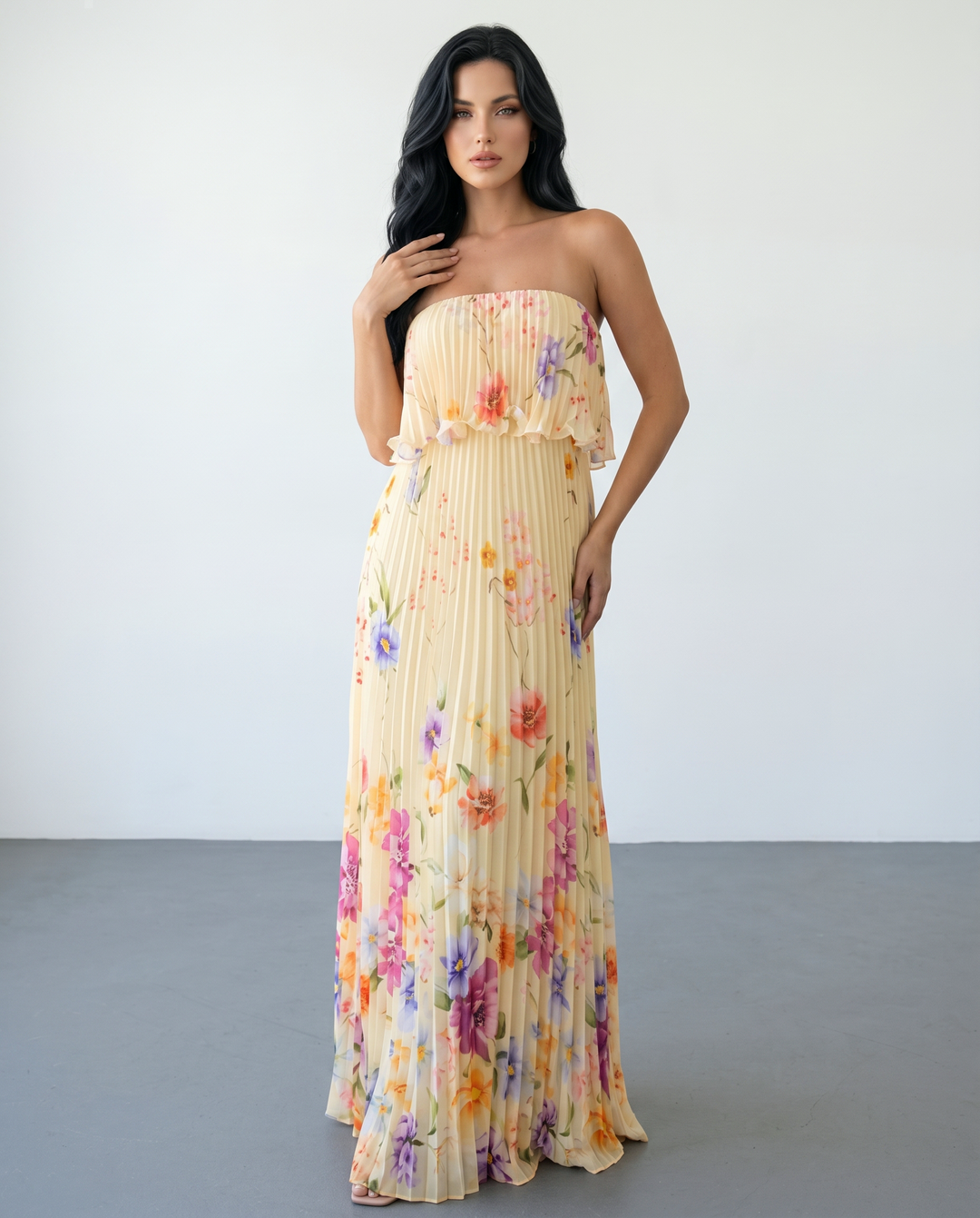 SOLACE  Yellow Floral Print Pleated Strapless Maxi Dress 