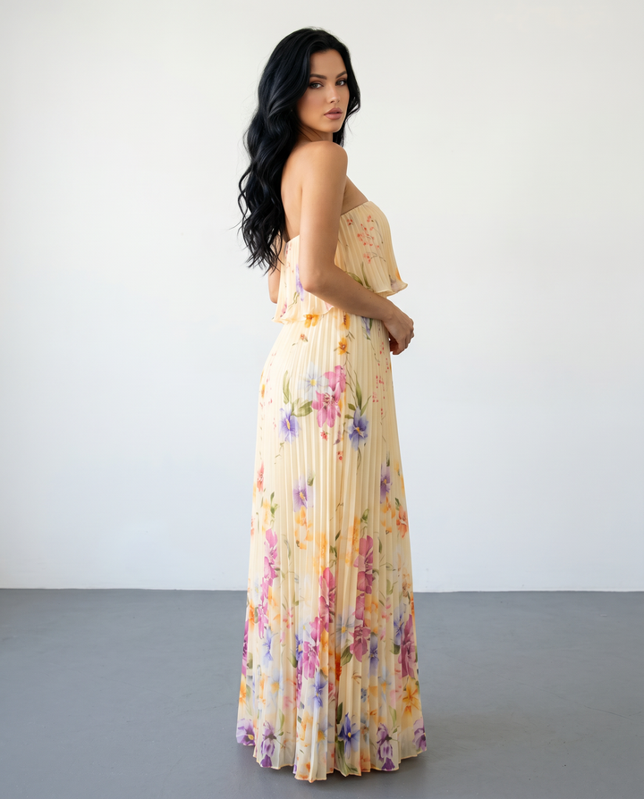 SOLACE  Yellow Floral Print Pleated Strapless Maxi Dress 