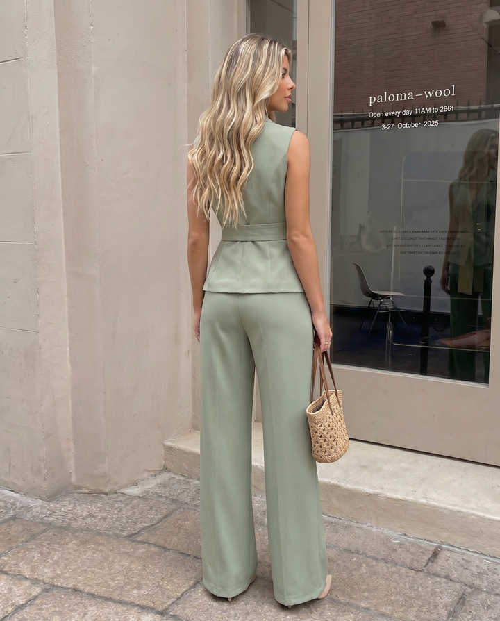 SOLACE  White Tailored Peplum Blazer Vest And Wide Leg Pants Suit 