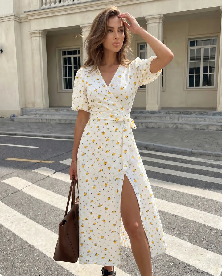 SOLACE  White Yellow Floral Wrap Midi Dress 