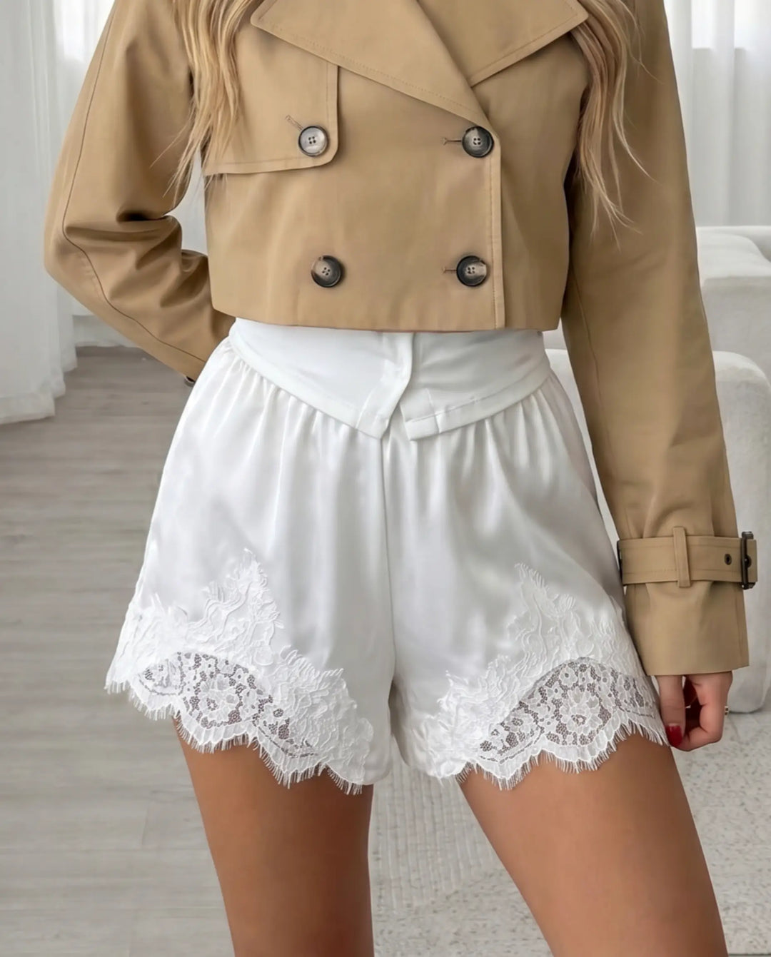 SOLACE  White Satin  Lace Trim High-Waisted Shorts 