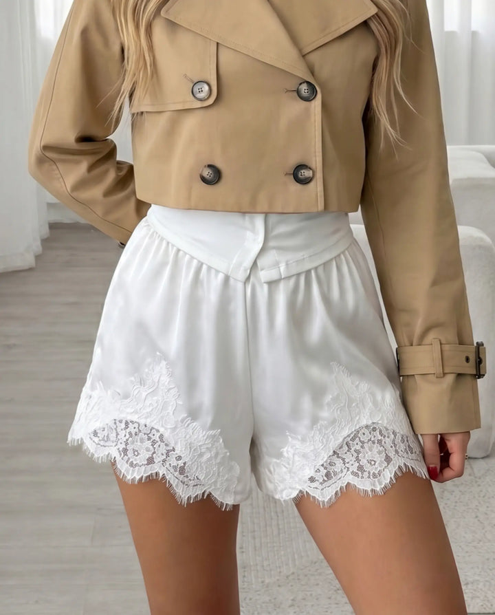SOLACE  White Satin  Lace Trim High-Waisted Shorts 