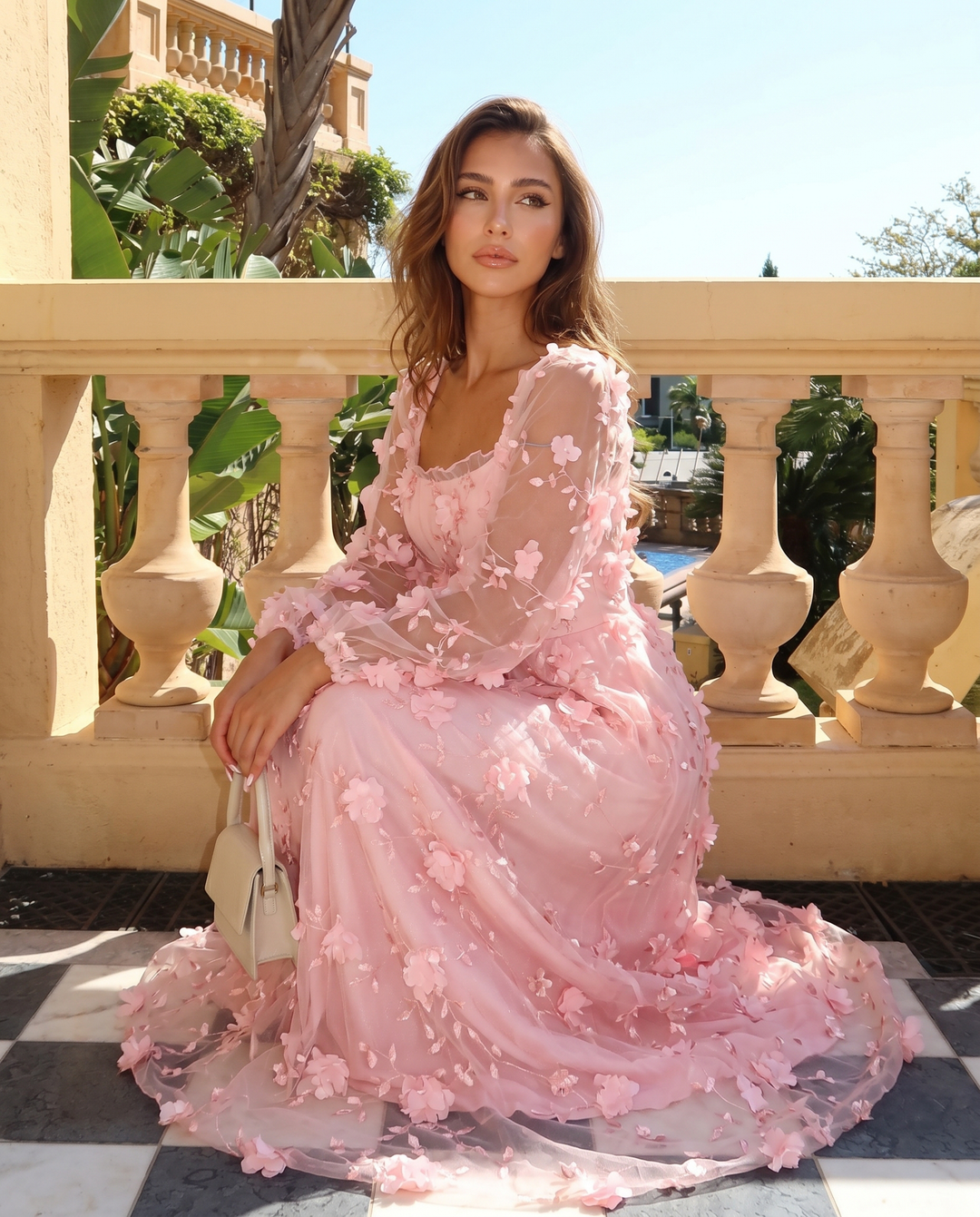 SOLACE  Pink 3D Floral Lace Square Neck Puff Sleeve Midi Dress 