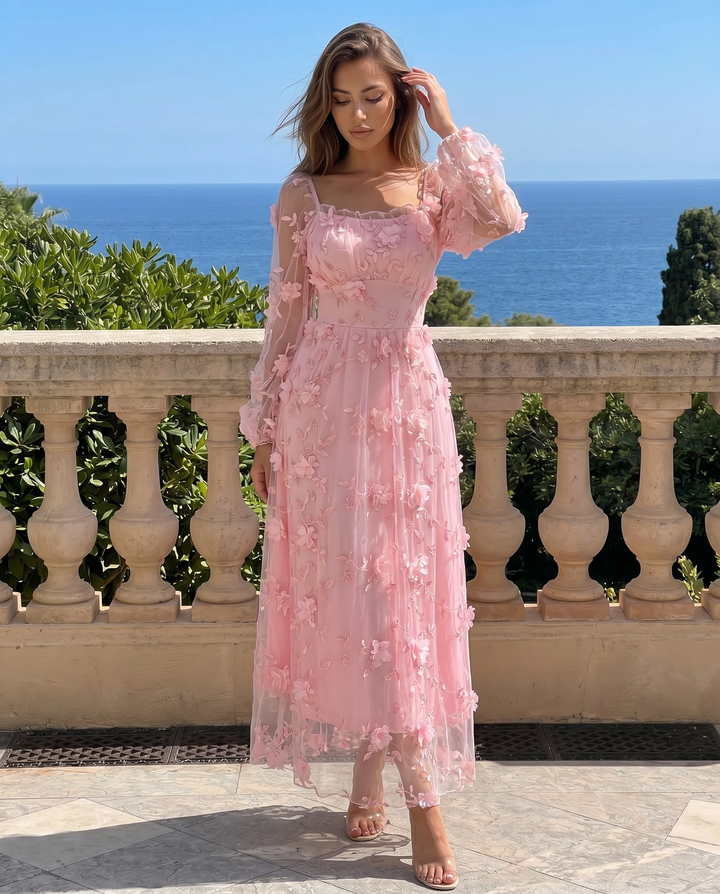 SOLACE  Pink 3D Floral Lace Square Neck Puff Sleeve Midi Dress 