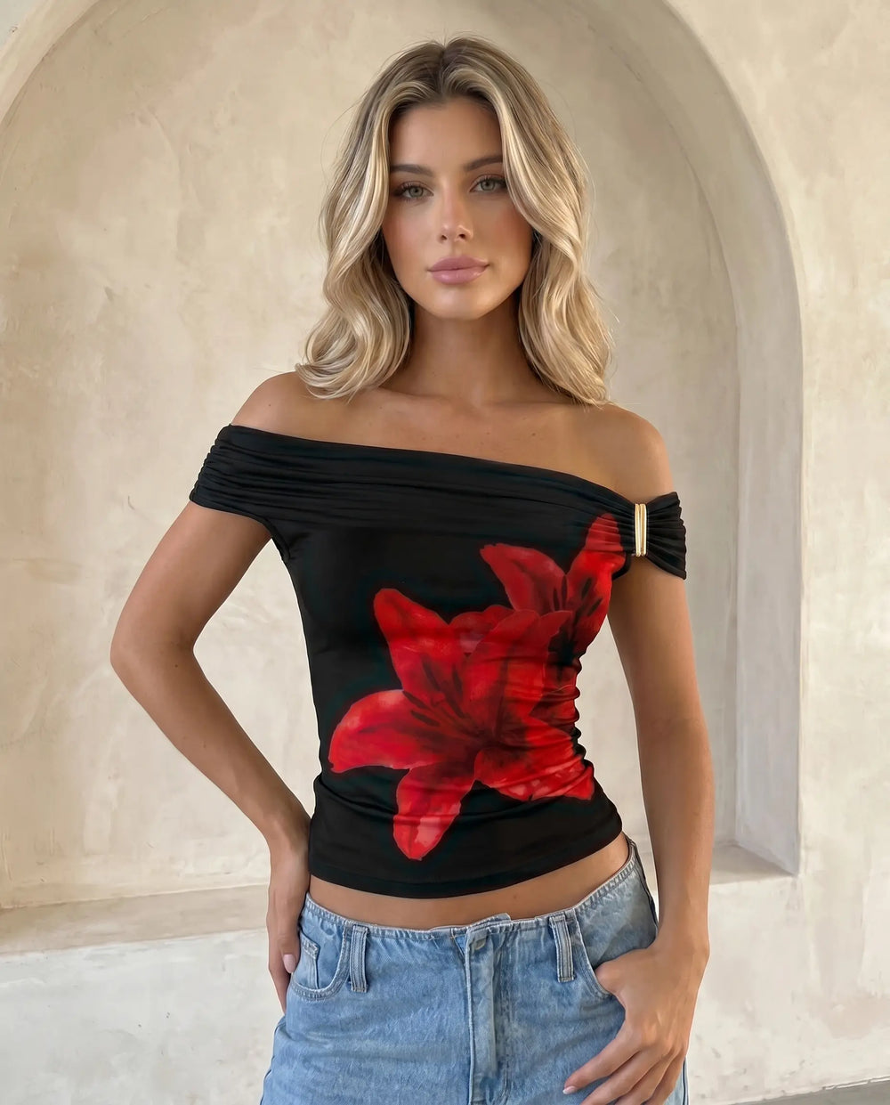 SOLACE  Black Red Lily Print Off-Shoulder Top 