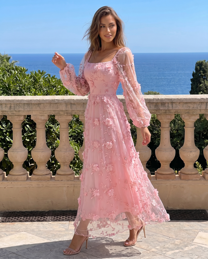 SOLACE  Pink 3D Floral Lace Square Neck Puff Sleeve Midi Dress 