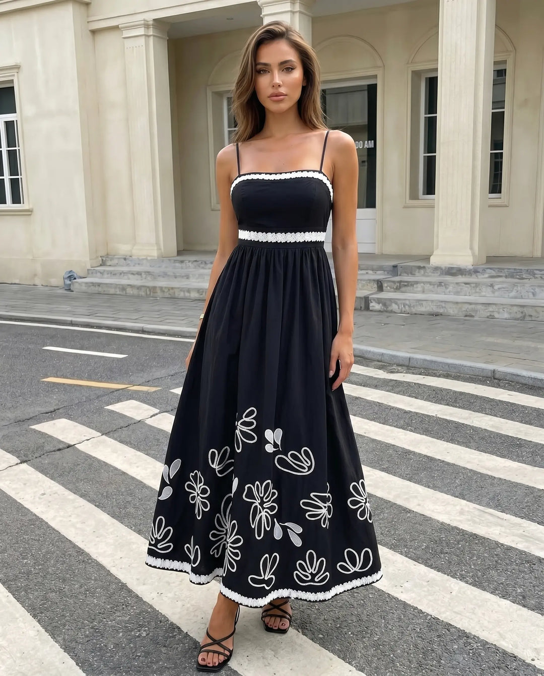 SOLACE  Black Lace-Up Back Textured Maxi Cami Dress 