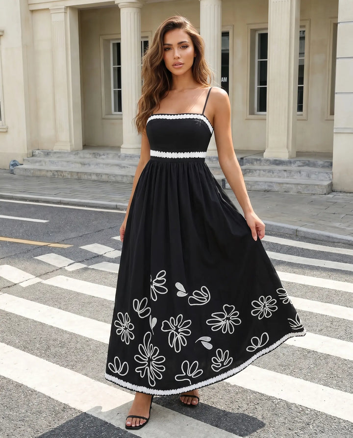 SOLACE  Black Lace-Up Back Textured Maxi Cami Dress 