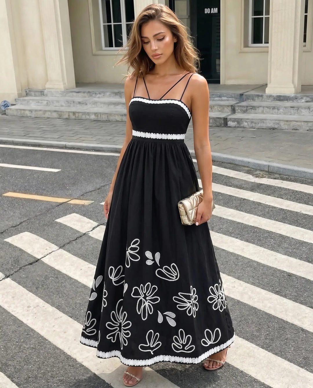 SOLACE  Black Lace-Up Back Textured Maxi Cami Dress 