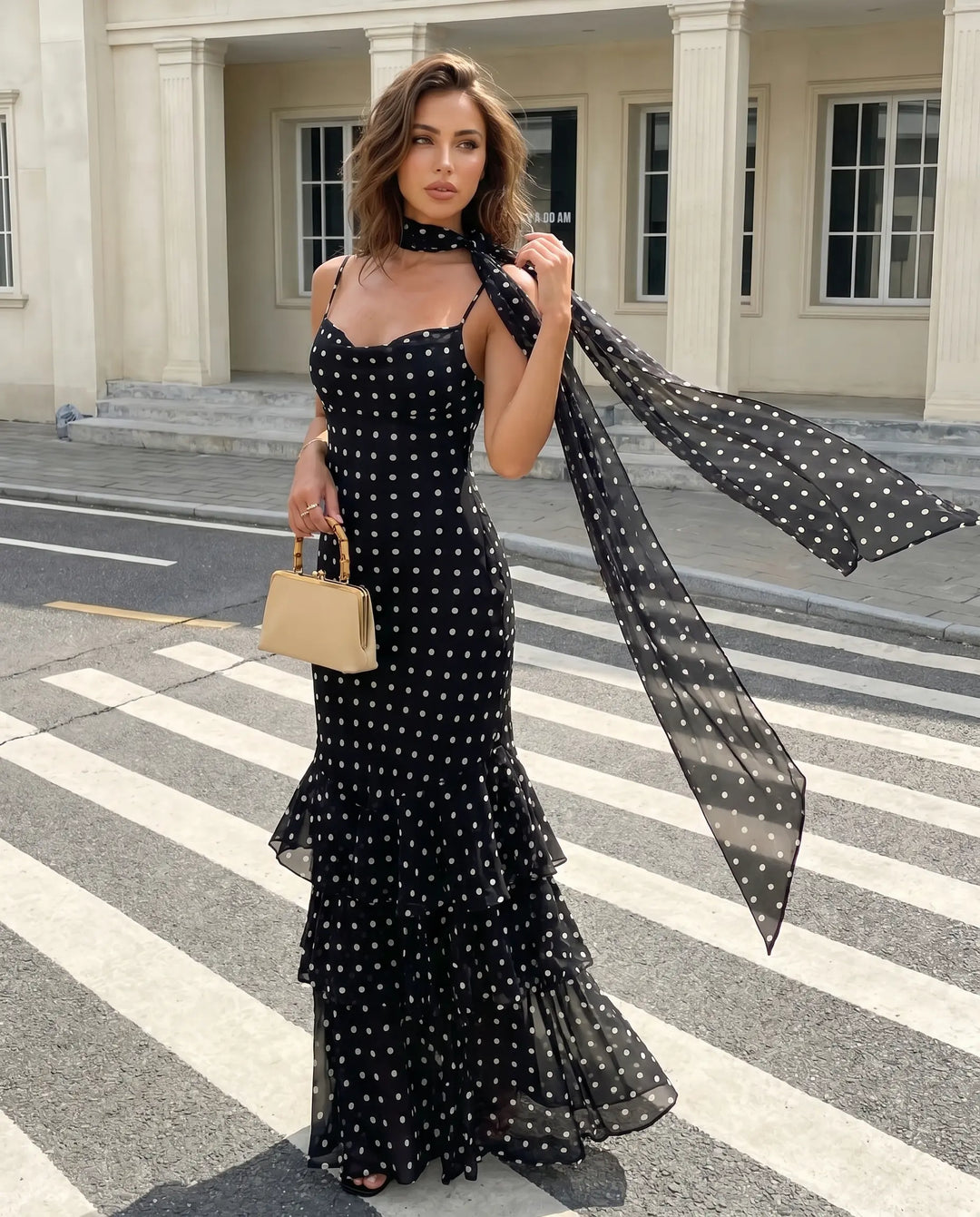 SOLACE  Black Polka Dot Ruffled Mermaid Maxi Dress 