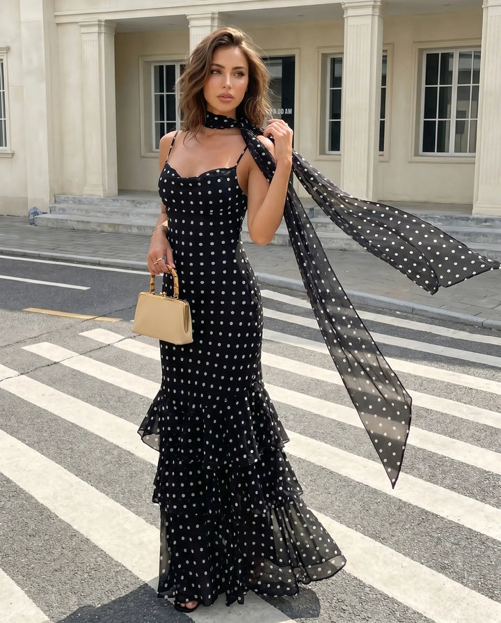 SOLACE  Black Polka Dot Ruffled Mermaid Maxi Dress 