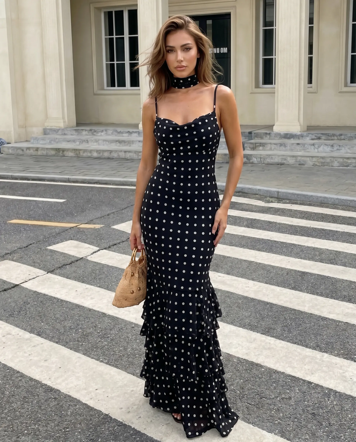 SOLACE  Black Polka Dot Ruffled Mermaid Maxi Dress 