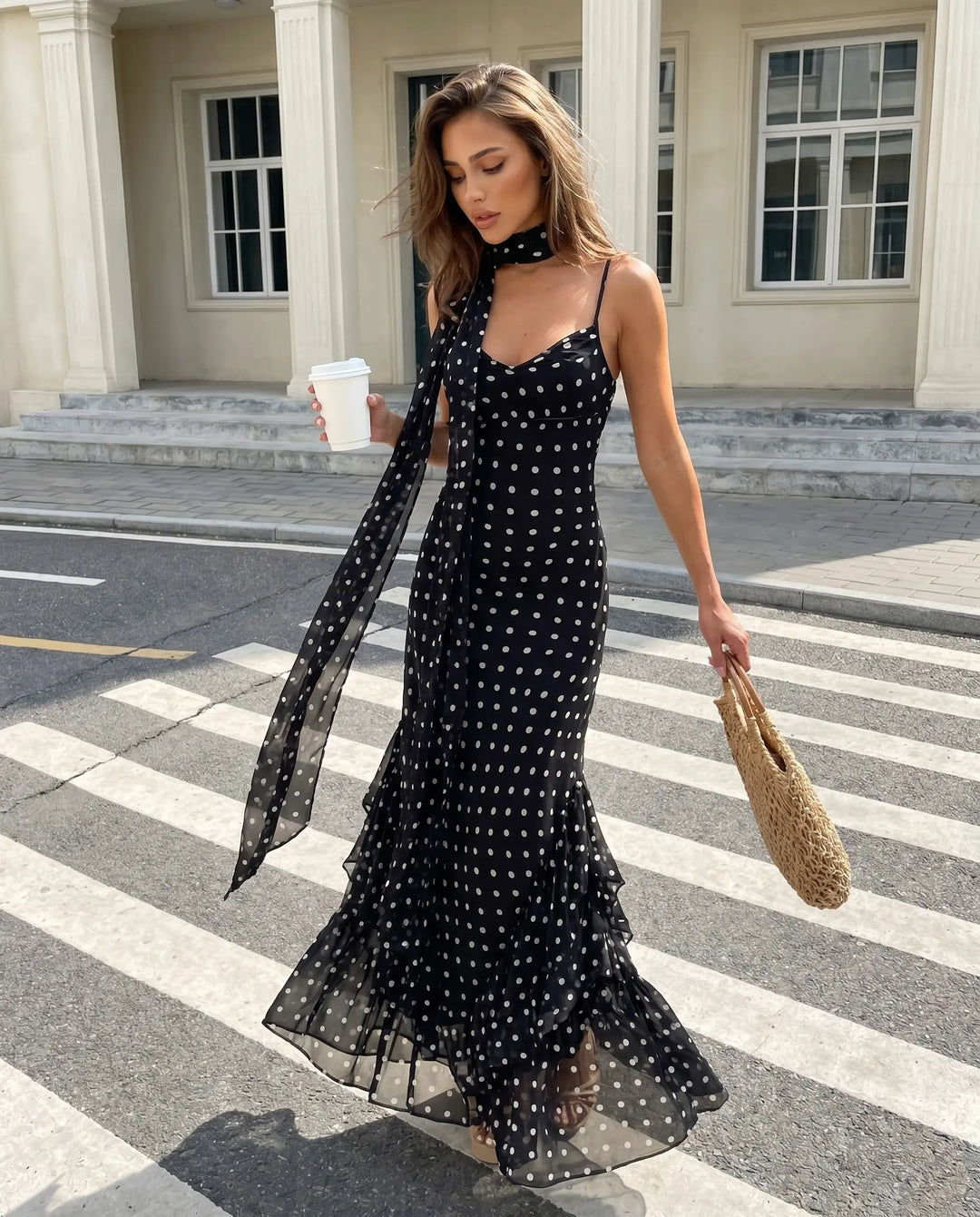 SOLACE  Black Polka Dot Ruffled Mermaid Maxi Dress 