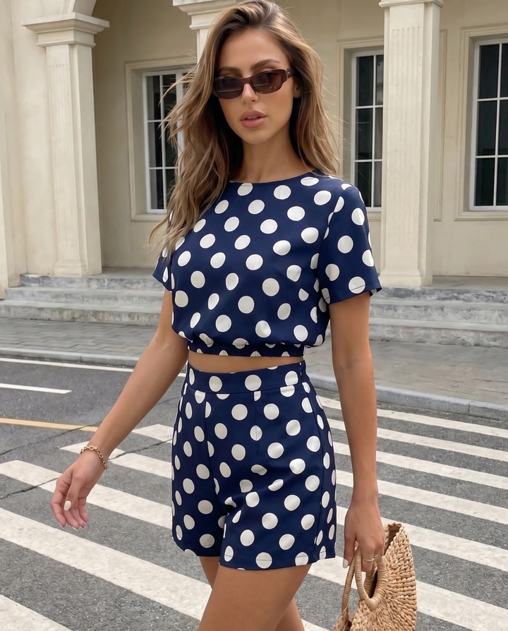 SOLACE  Navy White Polka Dot Crop Top Shorts Set 