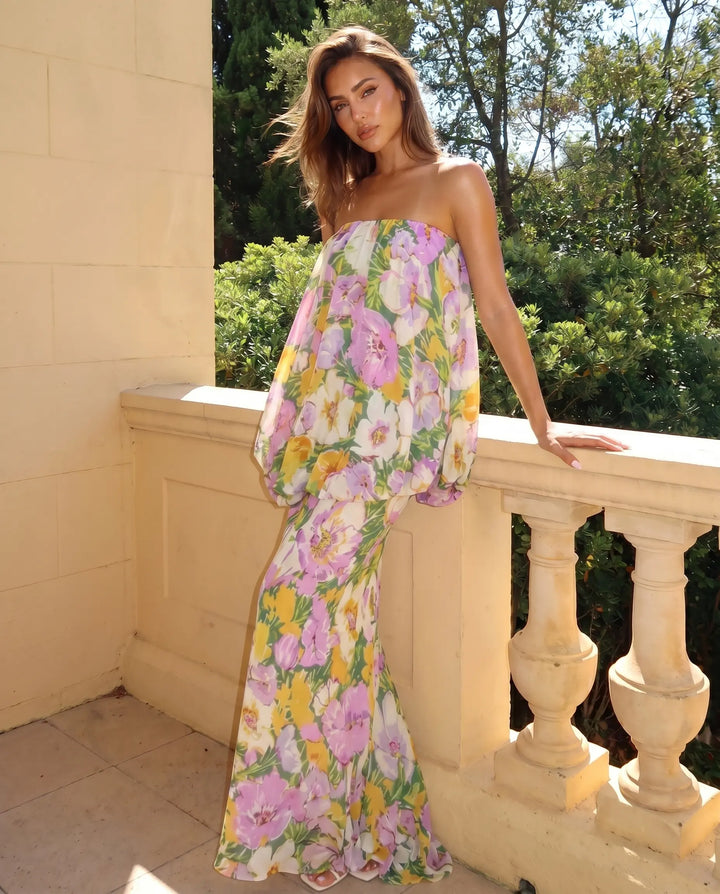SOLACE  Strapless Floral Print Bubble Overlay Maxi Dress 