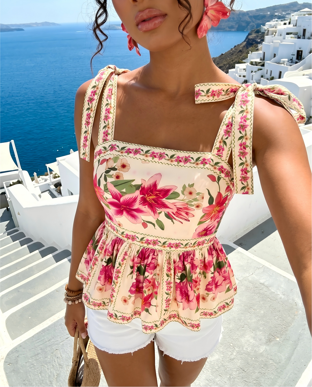 SOLACE  Pink Floral Print Bow Strap Peplum Top 