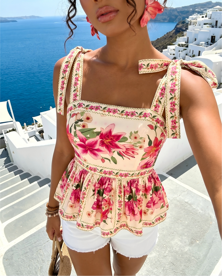 SOLACE  Pink Floral Print Bow Strap Peplum Top 