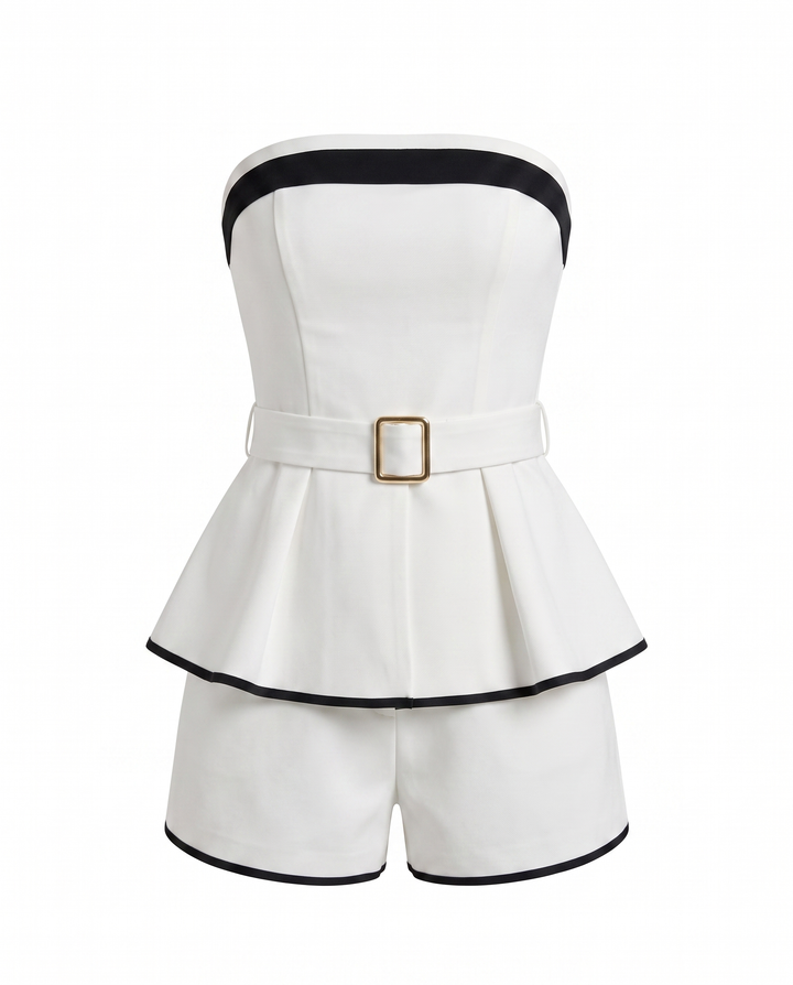 White Trim Strapless Belted Peplum Two-Piece Short Set