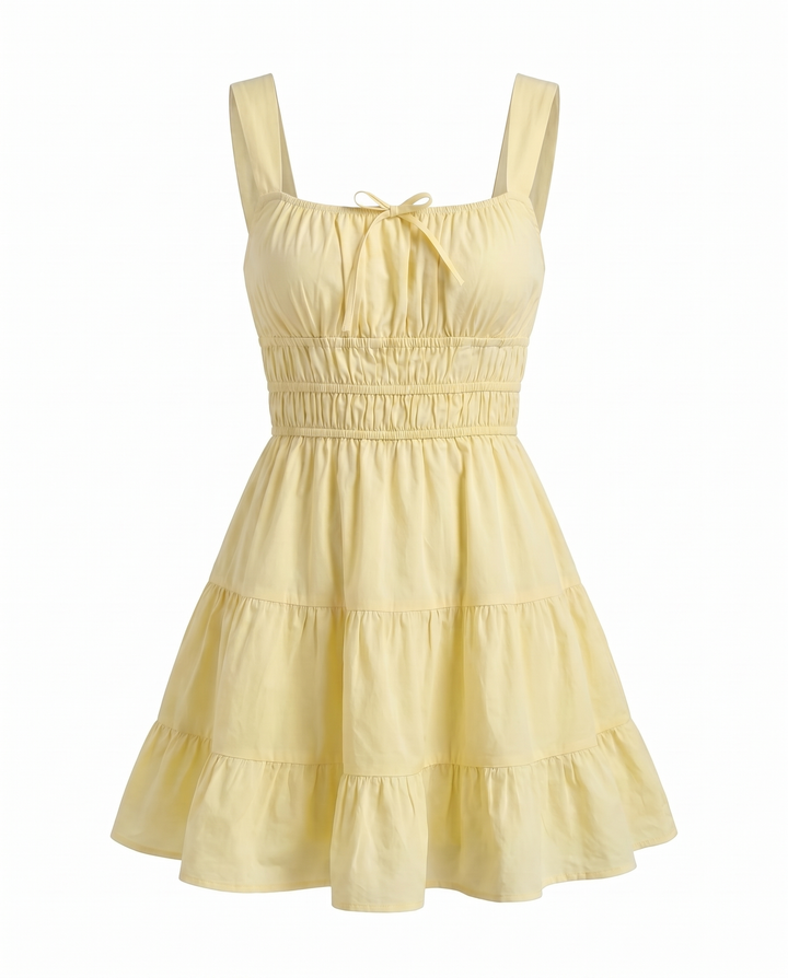 Yellow Square Neck Tiered Mini Dress