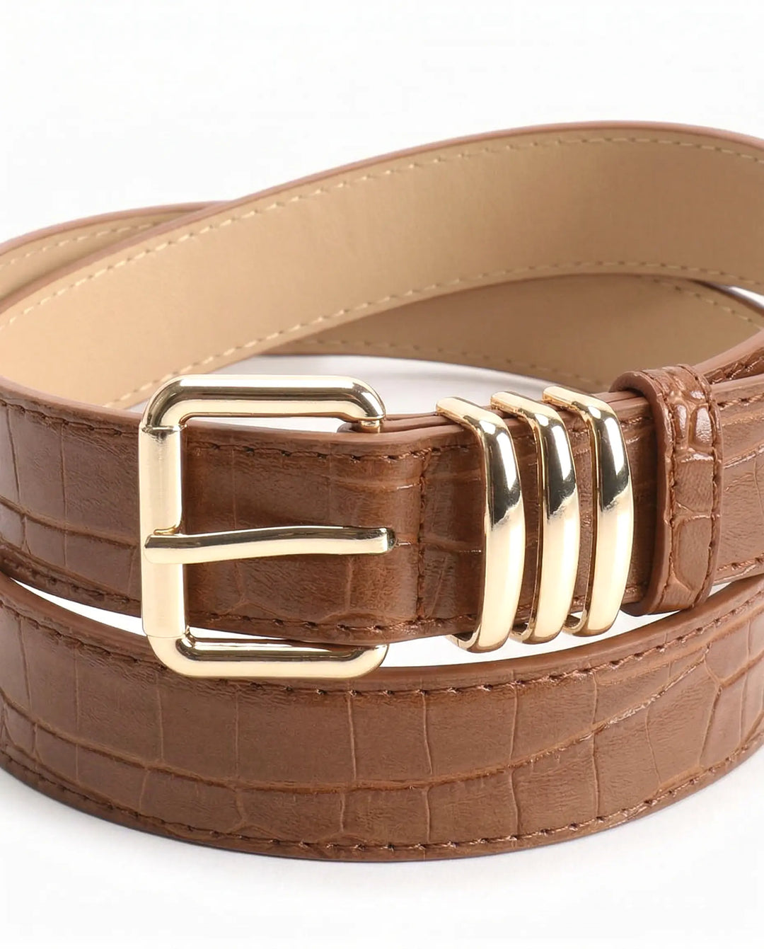 SOLACE  Camel PU Leather Crocodile Embossed Gold Buckle Fashion Belt 