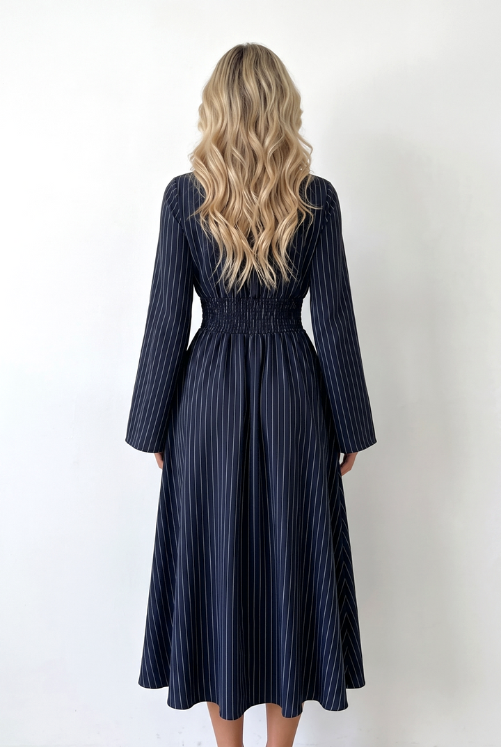 Round Neck Drawstring Side Pinstripe Midi Dress