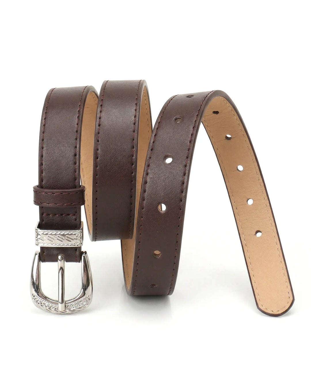 SOLACE  Coffee Faux Leather Engraved Silver Buckle Western Style Belt 