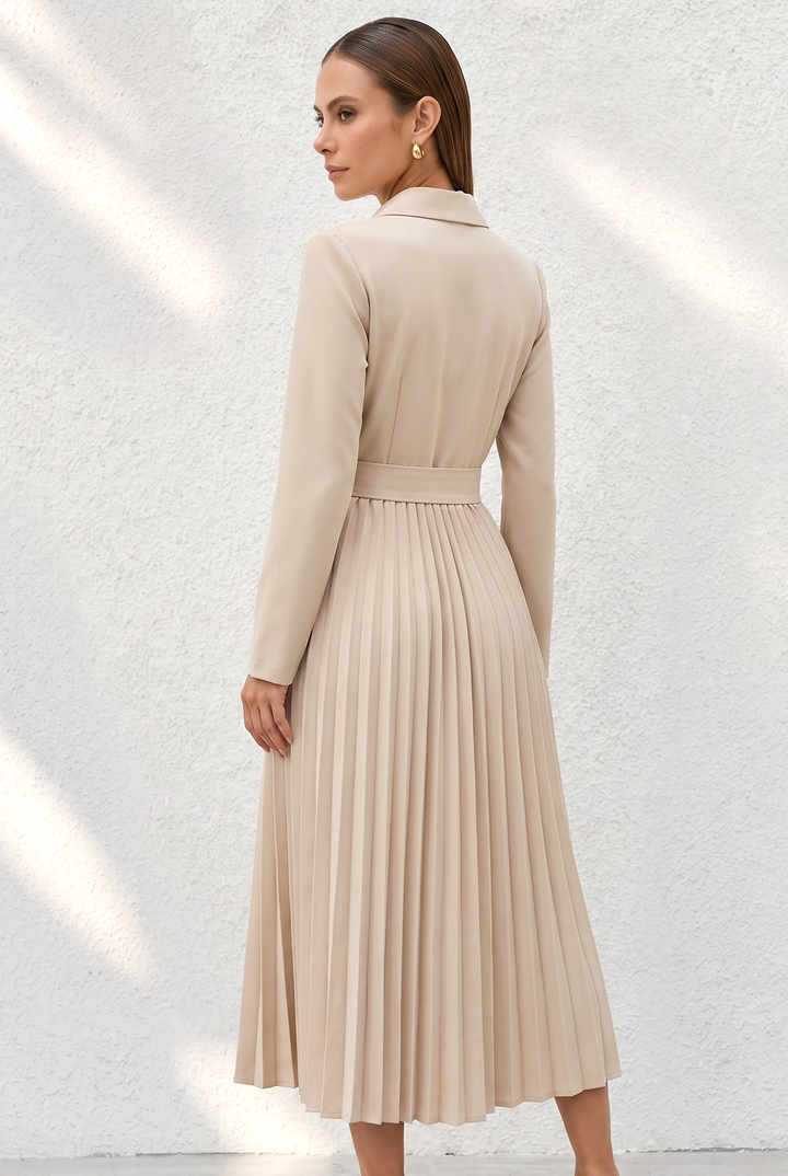 Blazer Collar Belted Pleated Midi Dress