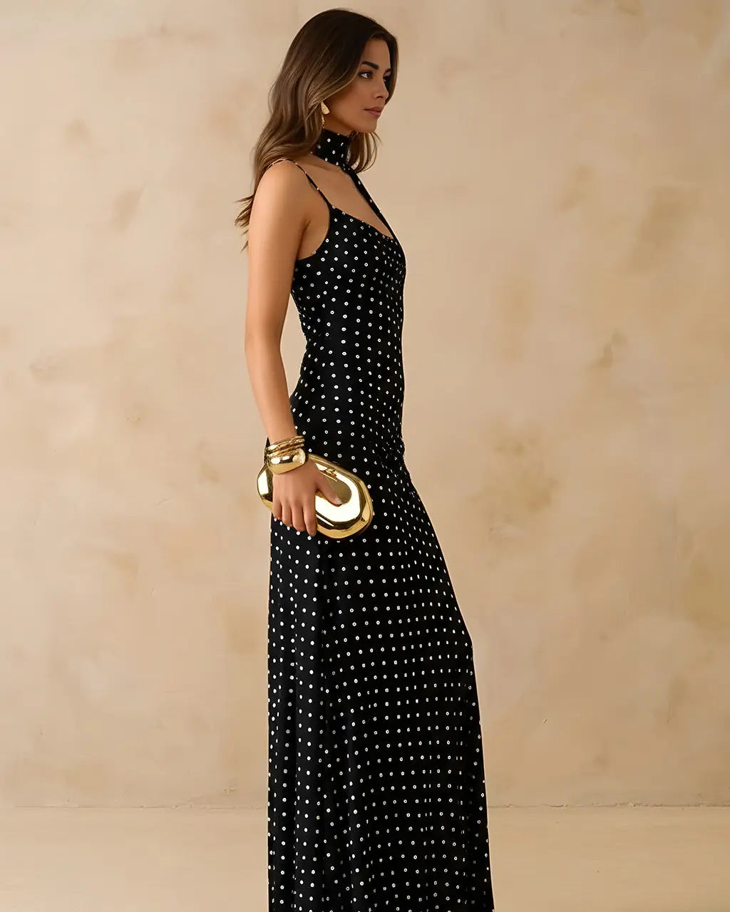 Black Polka Dot Cowl Neck Slip Maxi Dress SOLACE