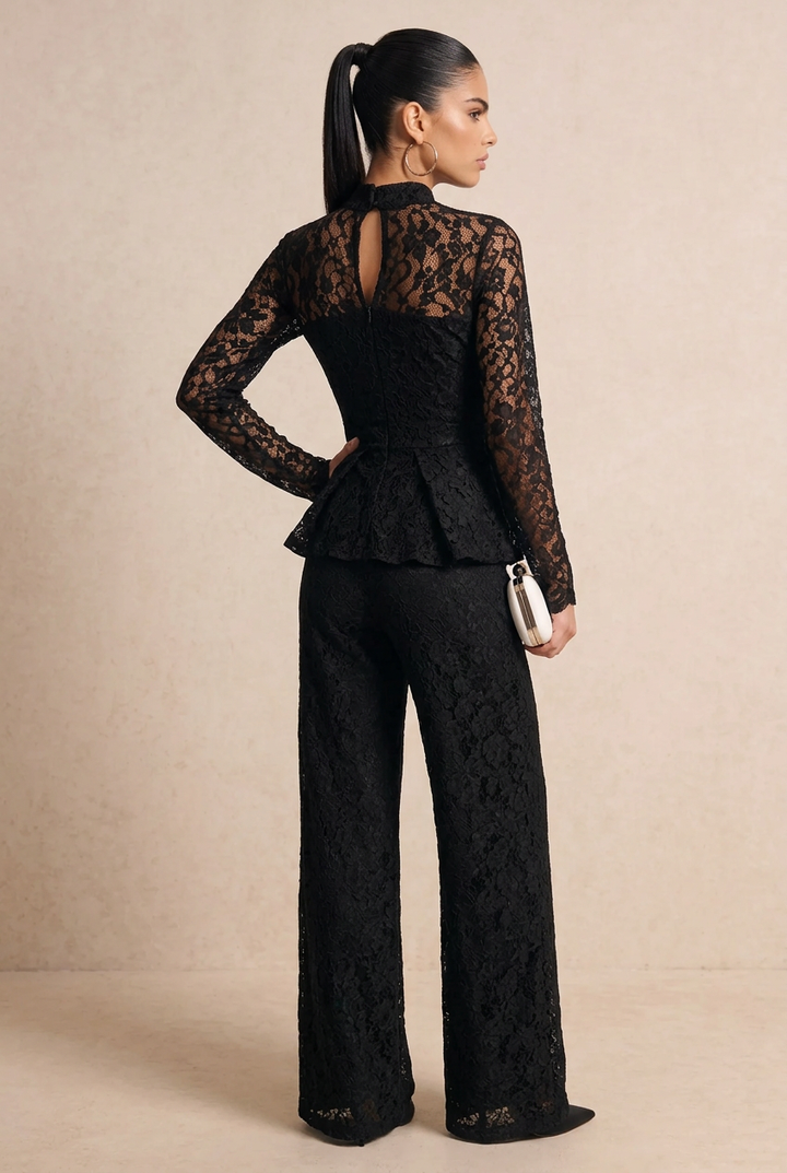 Elegant Floral Lace Long Sleeve High Neck Jumpsuit