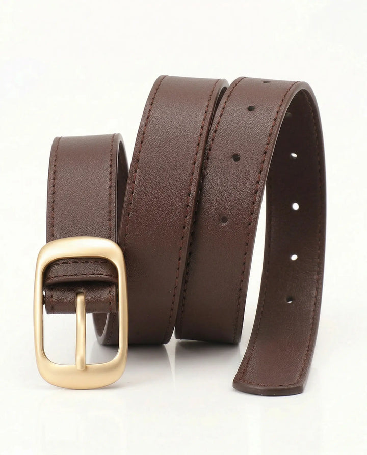 SOLACE  Dark Brown Faux Leather Gold Buckle Classic Casual Belt 
