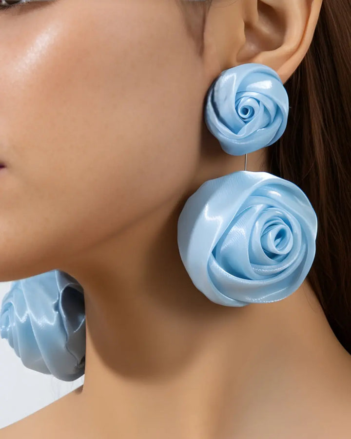 SOLACE  Light Blue Double Satin Rose Statement Drop Earrings 
