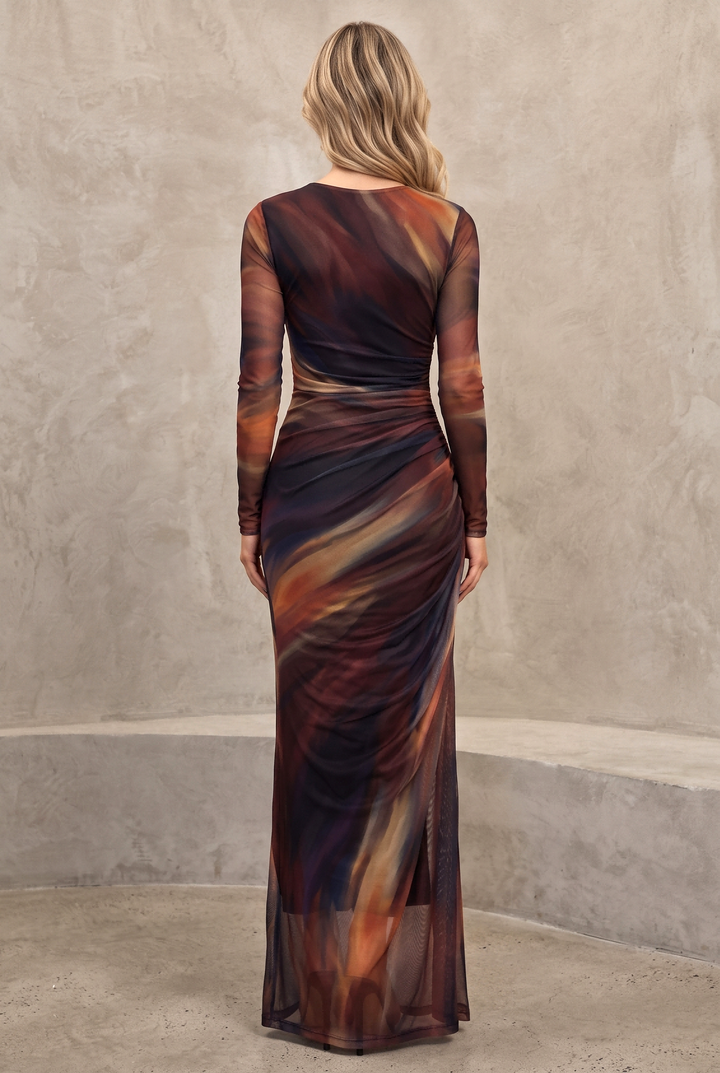 Women Round Neck Long Sleeve Mesh Maxi Dress