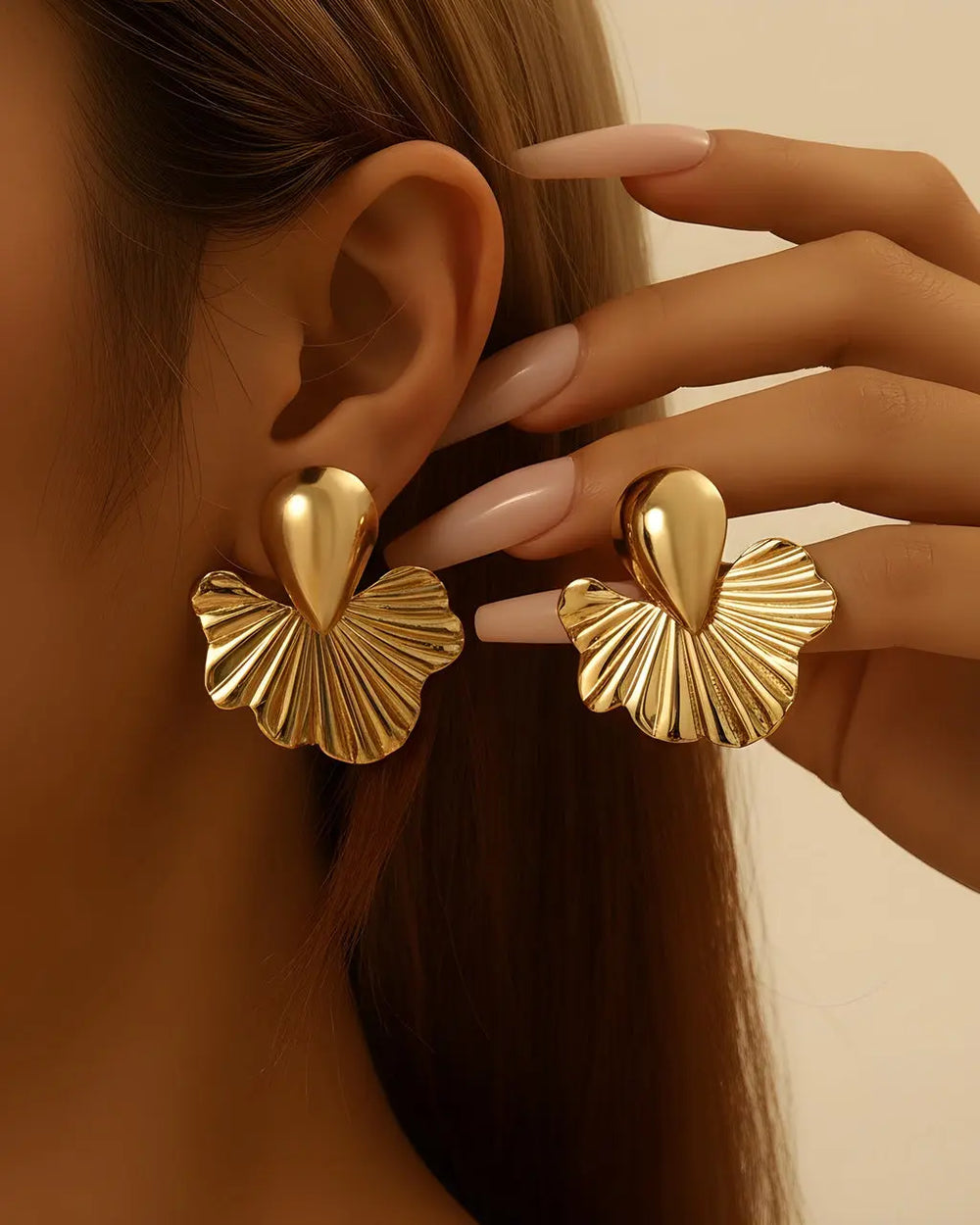 SOLACE  Gold Teardrop Fan Statement Stud Earrings 