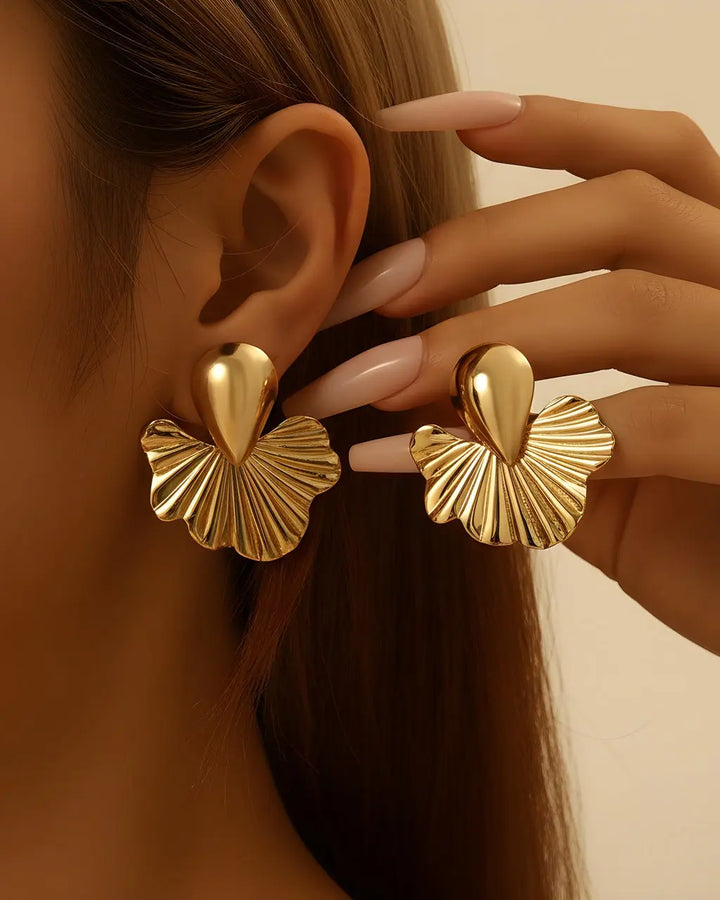 SOLACE  Gold Teardrop Fan Statement Stud Earrings 