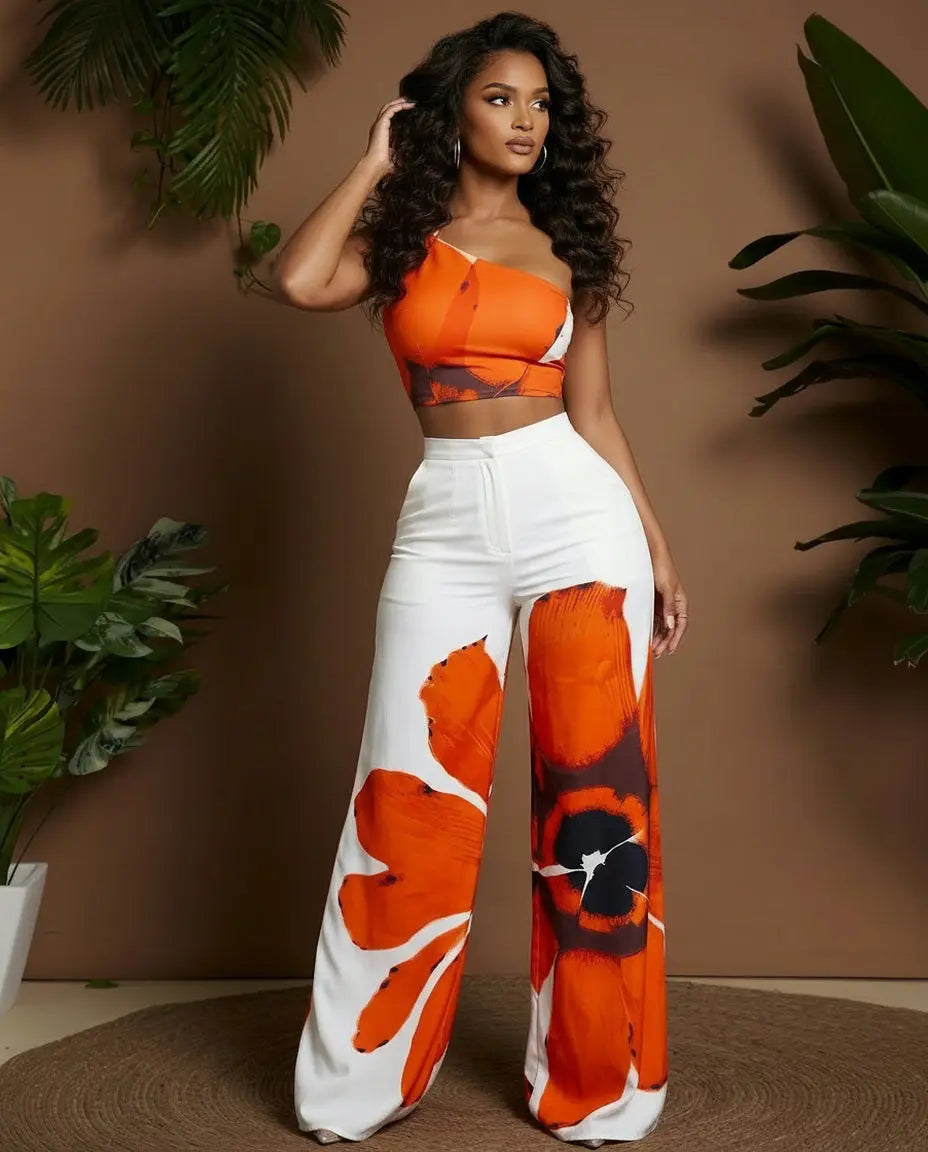 Floral Print One Shoulder Crop Top  Wide Leg Pants Set - SOLACE