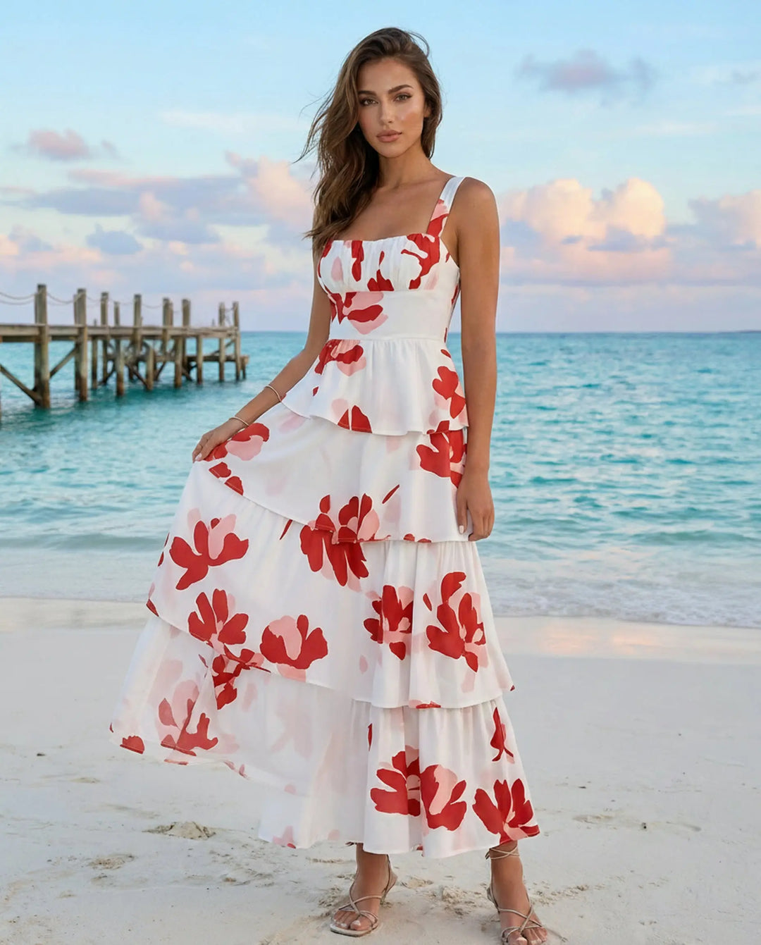 SOLACE  White Red Floral Tiered Ruffle Slim Fit Maxi Dress 